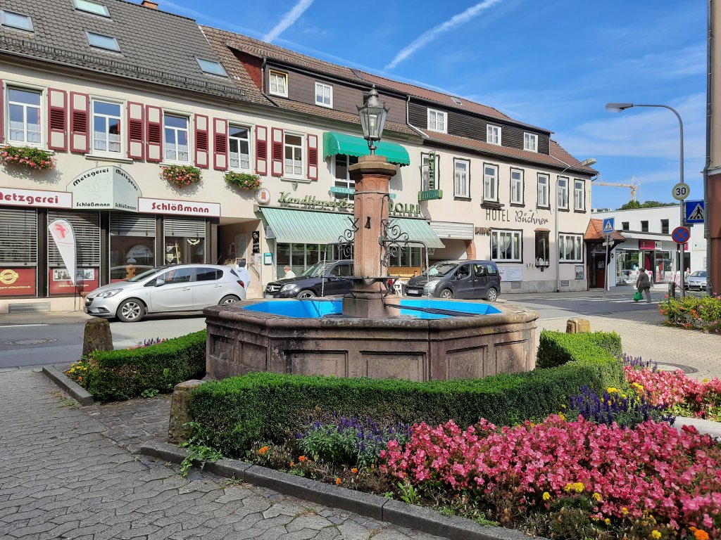 Historischer Marktplatz in Bad König mit einem kunstvollen Brunnen und gepflegten Blumenbeeten im Vordergrund