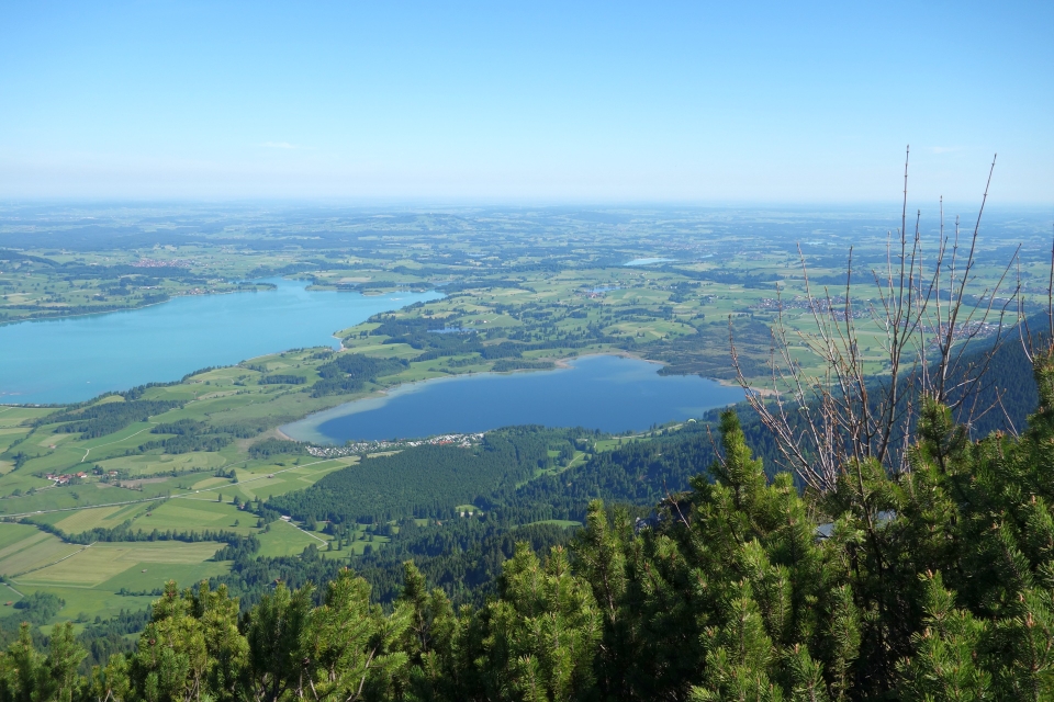 Blick von oben auf den tiefblauen Forggensee und die umliegenden See
