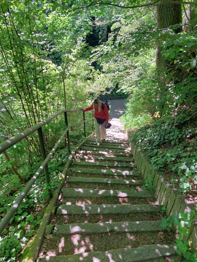 Eine steile Holztreppe, die hinauf zum Schlossberg führt