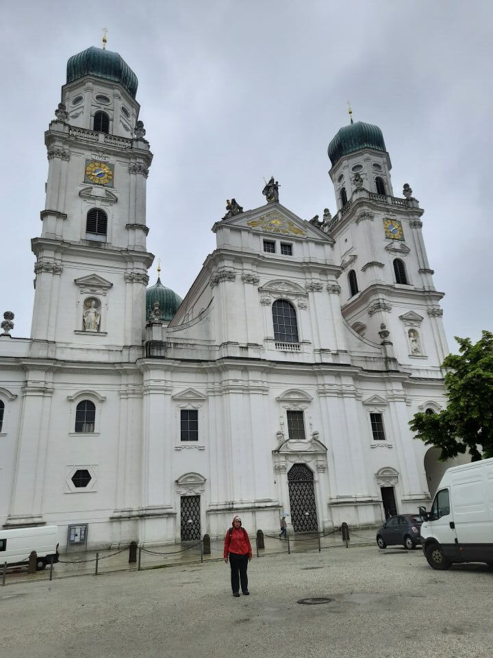 Blick auf die Türme des Passauer Doms über die Dächer der Altstadt hinweg