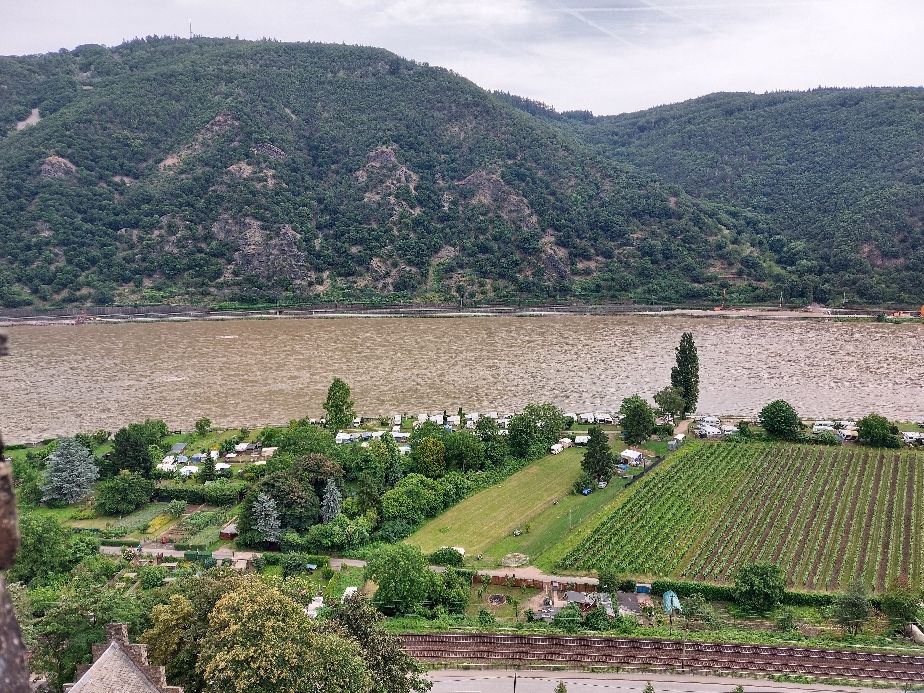 Spektakuläres Panorama von den Burgmauern über das Rheintal und die gegenüberliegenden Weinberge