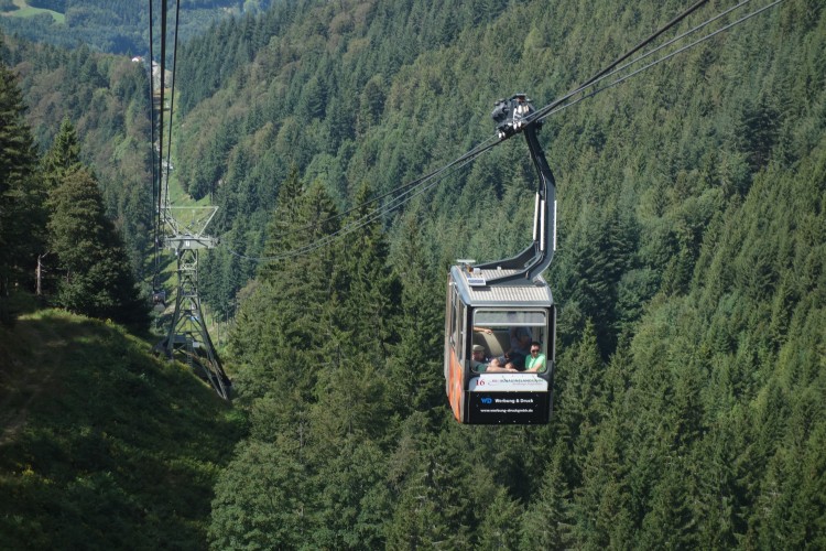 Blick aus der schwebenden Gondel der Seilbahn auf die dichten Nadelwälder während der Fahrt nach oben