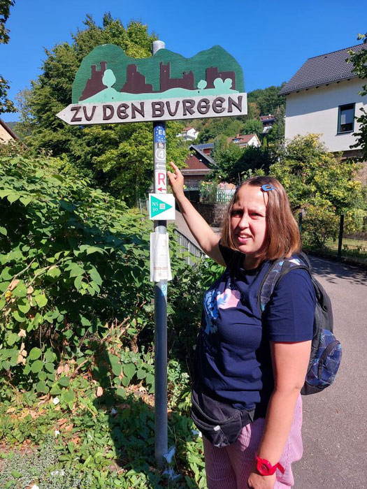 Ein hölzerner Wanderwegweiser im Wald, der die Route zu den vier Burgen anzeigt