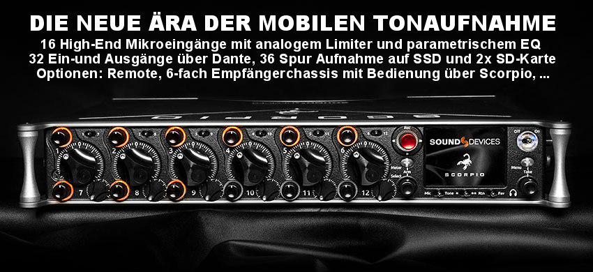 Sound Devices Scorpio Mehrspur Recorder und Mixer + 16 Mikrofoneingänge mit analogem Limiter parametrischem EQ + gleichzeitige Aufnahme auf SSD und 2x SD-Karte