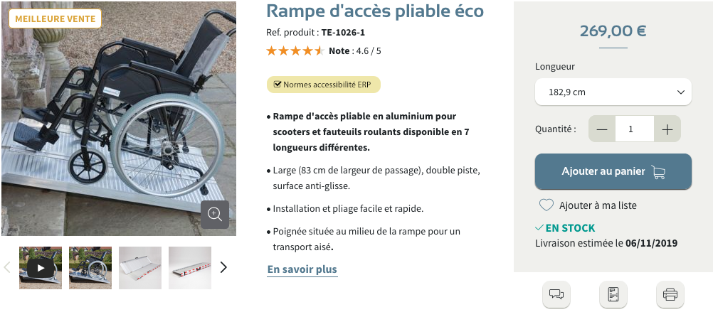 Malheureusement, ce modèle de 183 cm de long devra se mettre avec une pente de 8,74 % dans le chœur sur une largeur de 83 cm. Sinon, nous pouvons choisir une longueur de 2 m à 8 %, mais avec une largeur de 75 cm seulement.