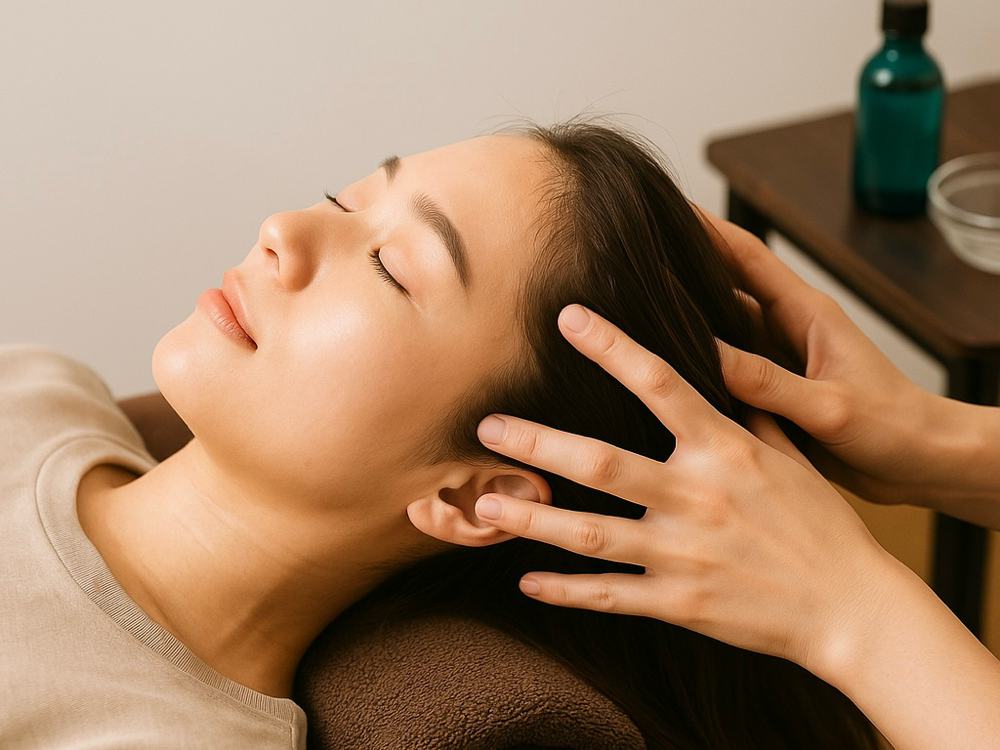 アロマのヘアセラムを使用したネック＆デコルテ周辺までの頭皮マッサージ。