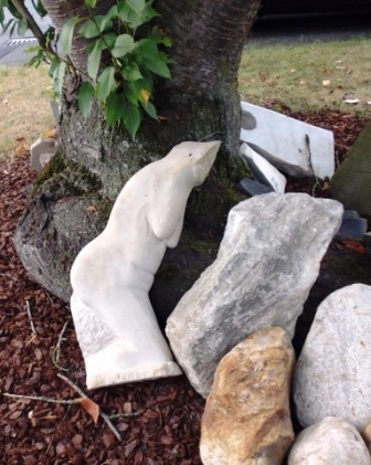 Was liegt da am Fuß des Baumes? Ein einsamer Torso neben Steinblöcken, die noch von einer Metamorphose träumen.