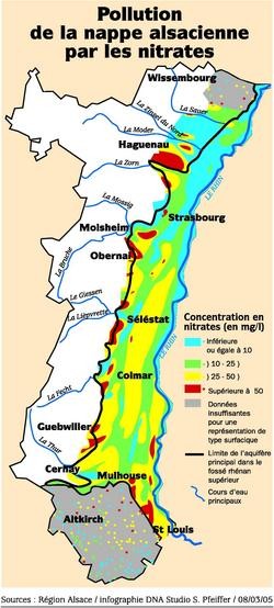 Carte réalisée par la Région Alsace en 2005, donnant la concentration en nitrates de la nappe phréatique en mg/L