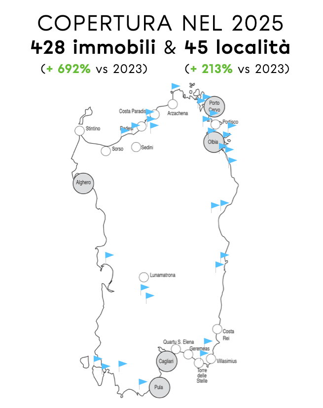 cartina Sardegna con pin delle località dove gestiamo alloggi