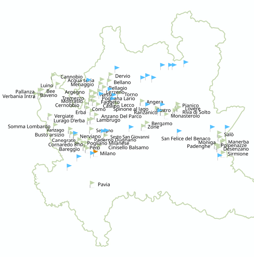 cartina Lombardia con pin delle località dove gestiamo alloggi