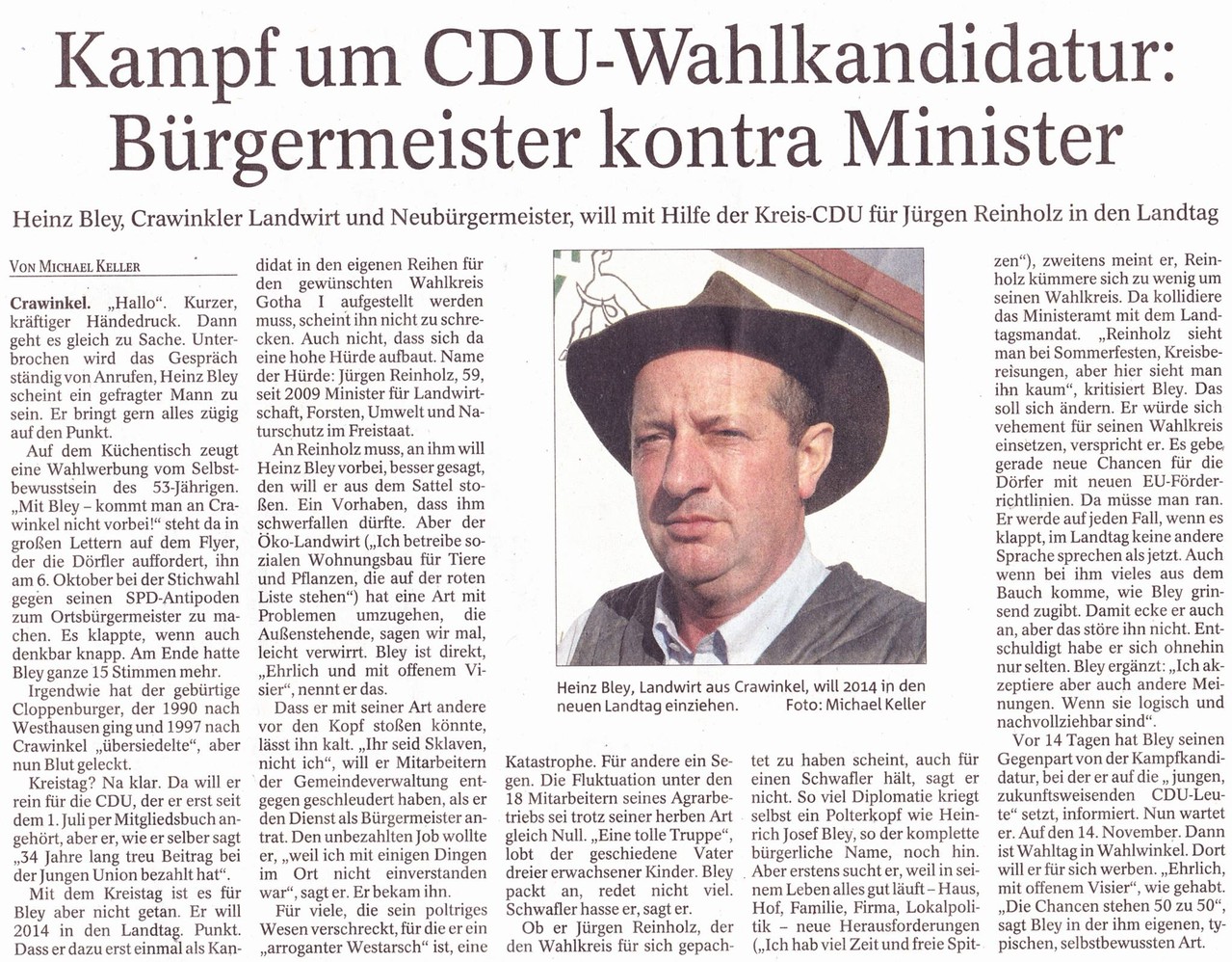 Heinz Bley will sich für die Landtagswahlkandidatur nominieren lassen. Leider wird er am 18.11.2013 nicht durch die Mitglieder der CDU gewählt. (Bild: TA)