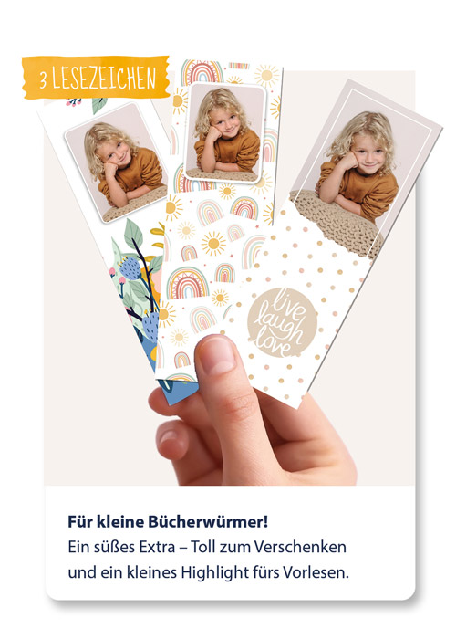 Lesezeichen mit Kinderfoto aus der Kindergartenfotografie als Erinnerung an die Kita-Zeit