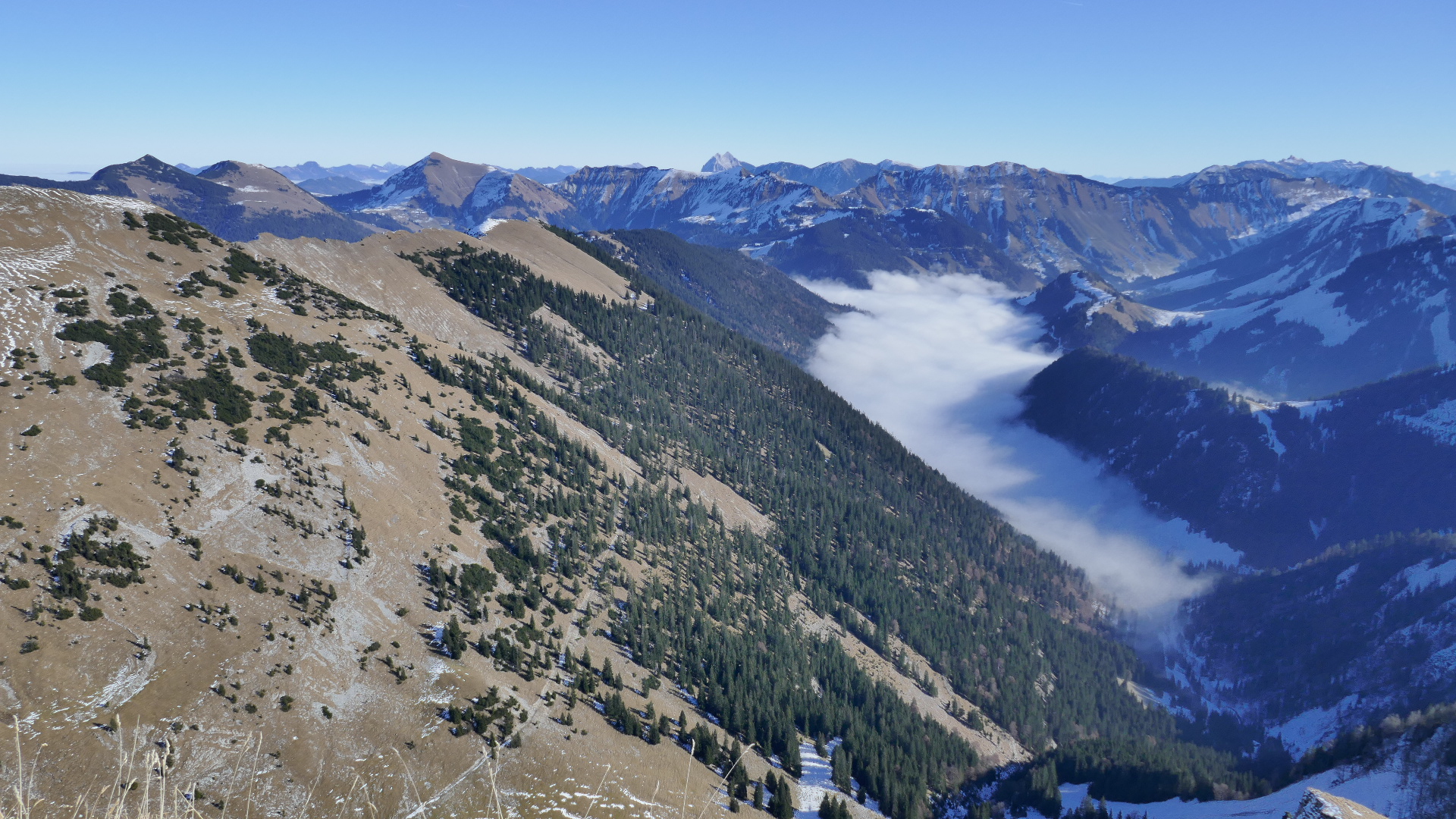 Torjoch und Lärchkogel links, Tal des Baumgartenbachs mit Nebel