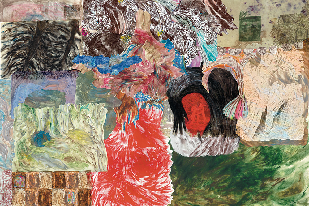 print 2x3 meter, collage from different drawings and photos, interweaving places 2024