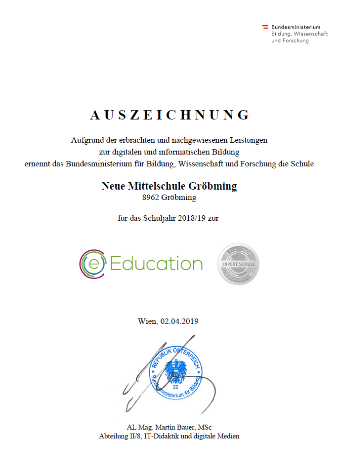 Auszeichnung Vom Bundesministerium Nms Grobming