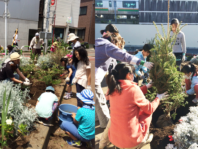 （左）雑草引きなど細かな作業も大事（右）クリスマスにはモミの木を植栽