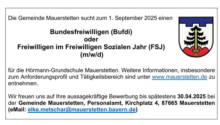 Aufruf/Bewerbung für Bufdi/FSJ