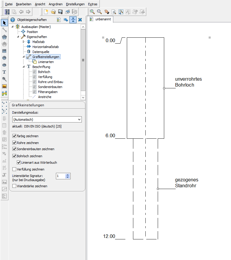Representation of the borehole wall according to DIN 4943 using the GeODin dictionary without the option "Draw wall thickness"