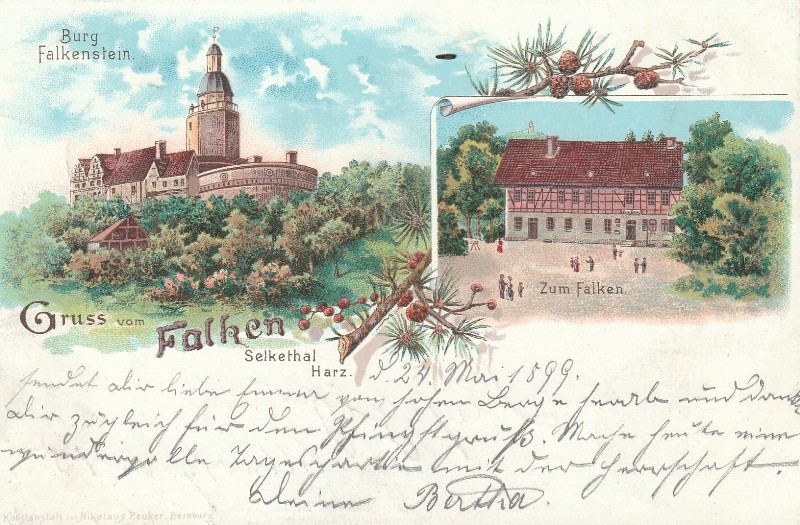 Lithographie von 1899 - Burg Falkenstein und Gasthof Zum Falken