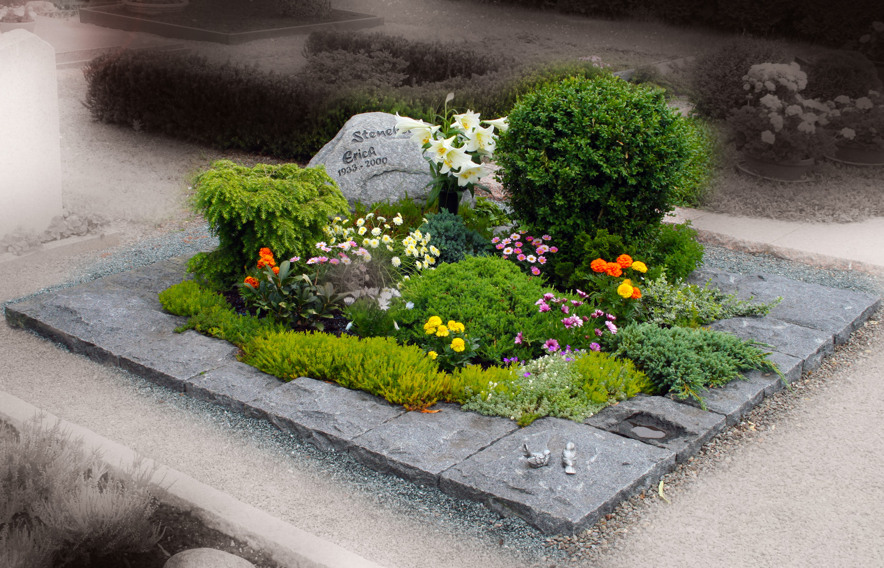 grabgestaltung pflegeleicht mit steinen Grabgestaltung grabbepflanzung allerheiligen pflegeleicht grabpflege grabgestecke grabschmuck blumen friedhof friedhofs frühling bepflanzung dekorationen mustergräber daffodil sepultura beerdigung bepflanzen lapida trauerfloristik