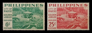 Mga Selyo ng Pilipinas: Setiyembre 1, 1959 - Ginintuang Jubileo ng Siyodad ng Baguio - Set ng 2 selyo – Philippine stamps