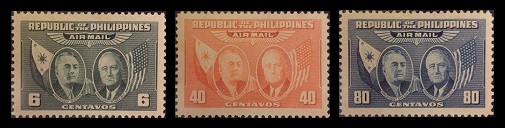 Mga Selyo ng Pilipinas: Agosto 19, 1947 - Panghimpapawid na Selyo nina Quezon at Roosevelt - Set ng 3 selyo – Philippine stamps