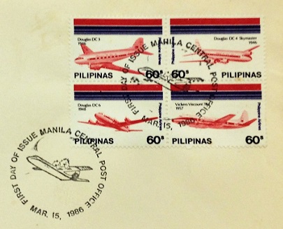 First Day Cover (FDC), Main Part, Se-tenant Block of 4 Stamps on FDC, Philippines, 1986, Aviation or Airplanes on Stamps; Topical Stamp Collecting