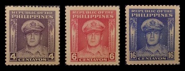 Mga Selyo ng Pilipinas: Pebrero 3, 1948 - Ikatlong Anibersaryo ng Ikalawang Digmaang Pandaigdig / Heneral Douglas MacArthur - Set ng 3 selyo – Philippine stamps