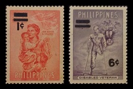 Mga Selyo ng Pilipinas: Pebrero 3, 1959 - Ika-14 na Anibersaryo ng Pagpapalaya sa Maynila / Rikargong Selyo sa ibabaw ng “Tulong para sa mga Biktima ng Guwera” ng 1950 - Set ng 2 selyo – Philippine stamps