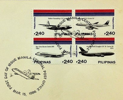 First Day Cover (FDC), Main Part, Se-tenant Block of 4 Stamps on FDC, Philippines, 1986, Aviation or Airplanes on Stamps; Topical Stamp Collecting