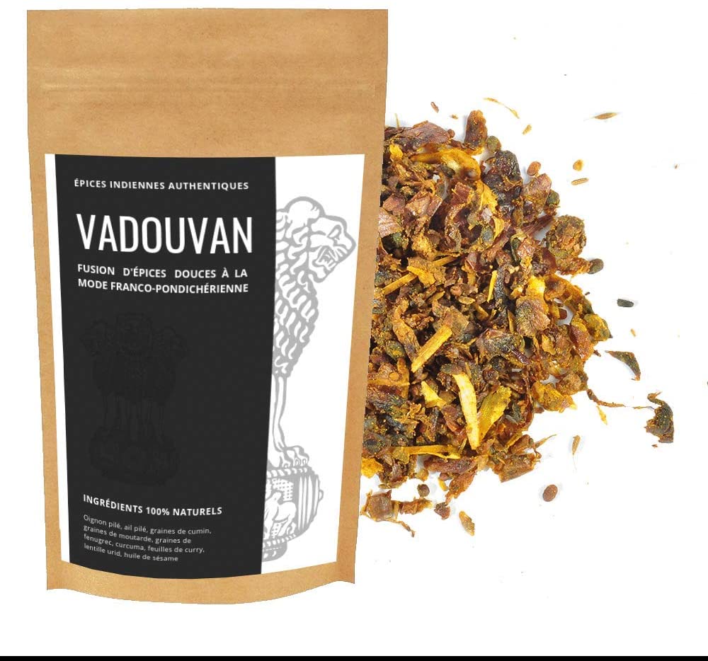 Le « Vadouvan » est un mélange traditionnel d'épices inspiré des currys traditionnels de l'Inde, composé surtout d'oignon, ail, feuilles de curry, graines de moutardes, coriandre, fenugrec, épices.s.