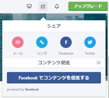 シェアパネルでは4つの方法で編集画面からシェアができます。