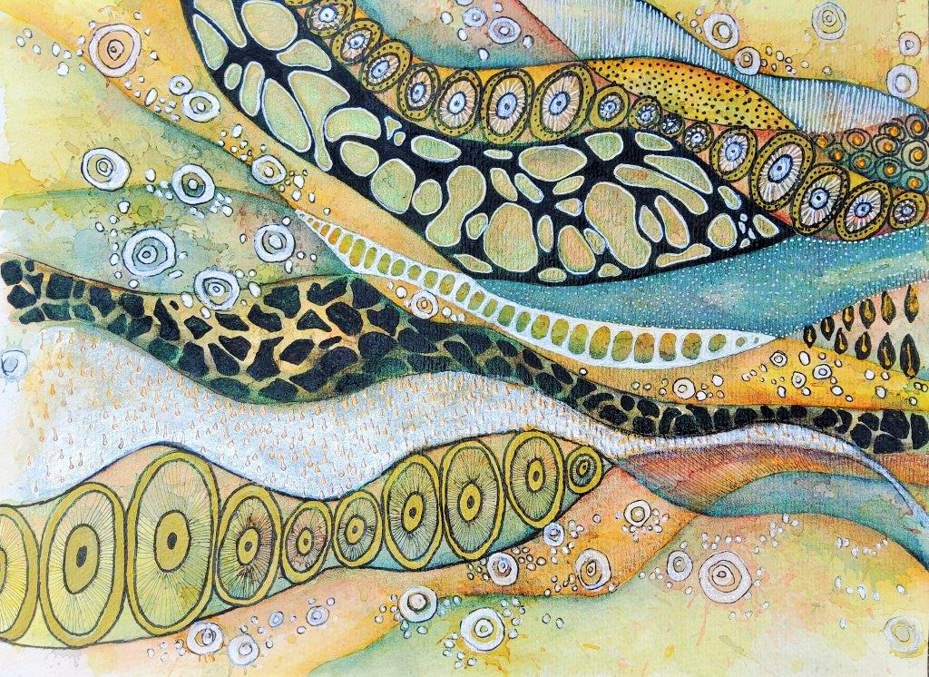 "Wellen", Mixed-Media, (Aquarell, Stifte, Strukturpaste), 2024, 20x29 cm | Manuela Sold | Foto: Manuela Sold