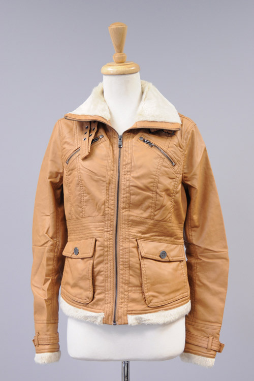  JK8007F  Cavalini/Cisono Faux leather jacket with zipper and buckle collar closure. Faux fur lined. 2 decorative hest pockets and snap closure pockets at waist.  Shell: 100% Polyurethane Lining: 100% Polyester Stock Availability: In Stock PRICE €124.00
