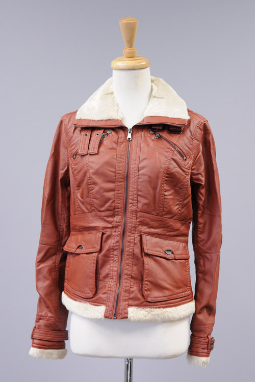  JK8007F  Cavalini/Cisono Faux leather jacket with zipper and buckle collar closure. Faux fur lined. 2 decorative hest pockets and snap closure pockets at waist.  Shell: 100% Polyurethane Lining: 100% Polyester Stock Availability: In Stock PRICE €124.00