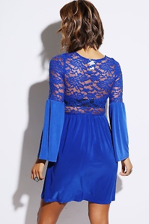 Royal blue sheer lace bell sleeve retro party mini dress  PRICE €54.00 only Style No.XT-11-BLU Material 96% Polyester, 4% Spandex Origin United States Description Information unavailable. ColorBlueSizeS-M-L