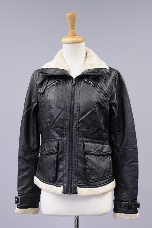  JK8007F  Cavalini/Cisono Faux leather jacket with zipper and buckle collar closure. Faux fur lined. 2 decorative hest pockets and snap closure pockets at waist.  Shell: 100% Polyurethane Lining: 100% Polyester Stock Availability: In Stock PRICE €124.00