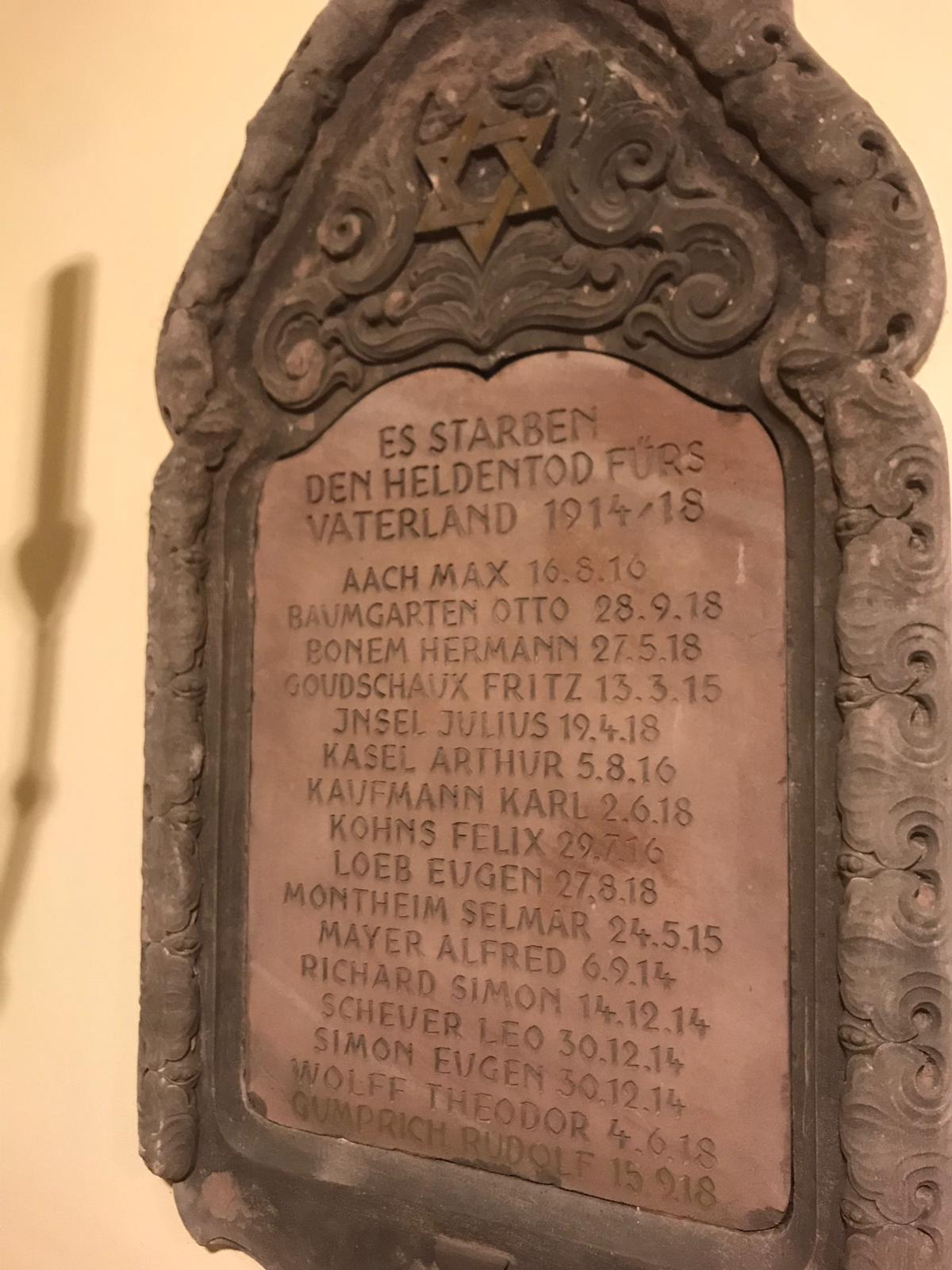 Gedenktafel in der Synagoge Trier für die Gefallenen Deutschen jüdischen Glaubens im I. Weltkrieg (Foto: Eliza Leci)