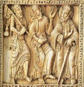 Le voyage vers Emmaus. Plaque en Ivoire provenant d'un reliquaire, Léon, vers 1115-20. Conservé au MET