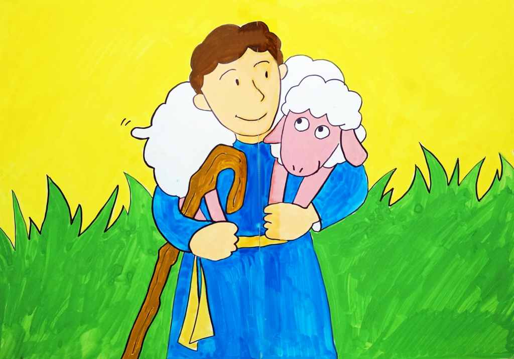 羊飼いにすっかり泥をきれいにしてもらって、傷に薬を塗ってもらって、めぇ助は野原に帰ります。ご主人の肩に担がれて、めぇ助ったら、とても嬉しそうですね。
