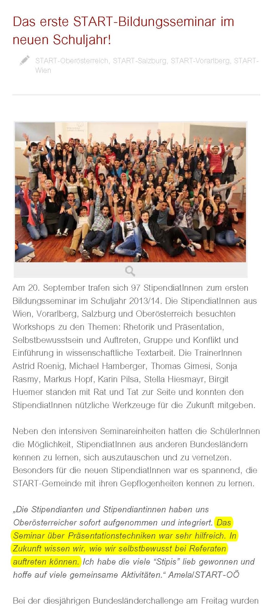 Web-Artikel über Seminar "Präsentation & Rhetorik" S.1