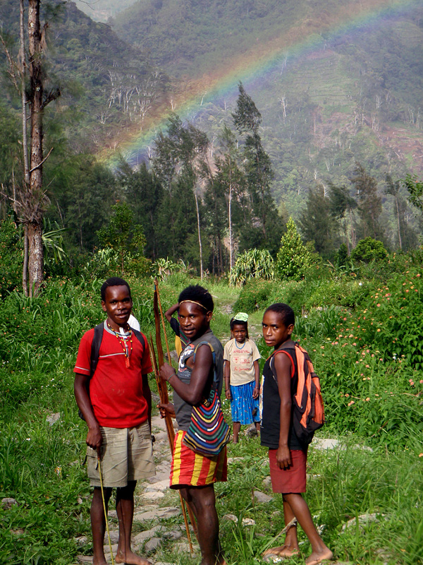 3 Papua in grüner Landschaft mit Regenbogen