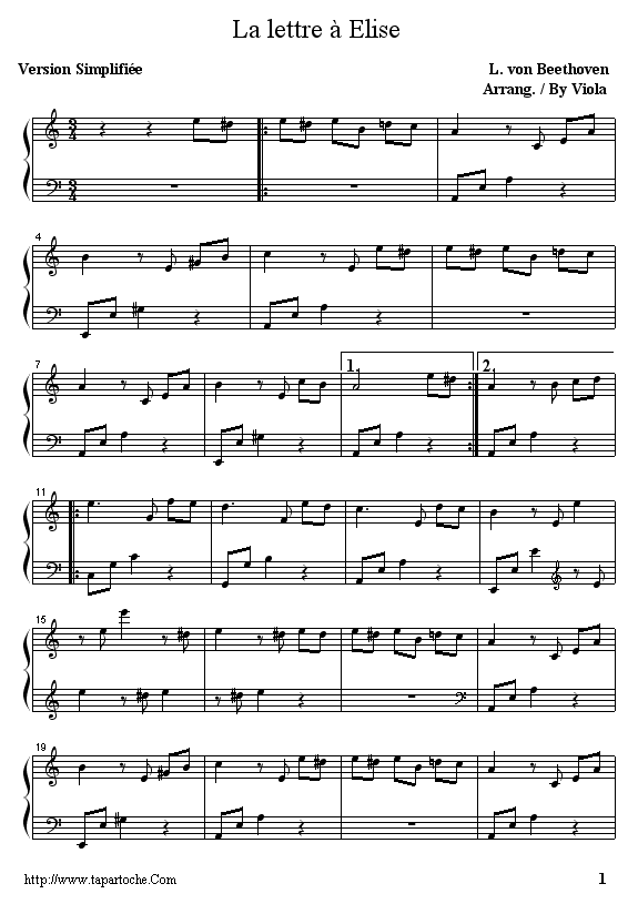 Partition d'une musique, ici celle de " La lettre à Elise"