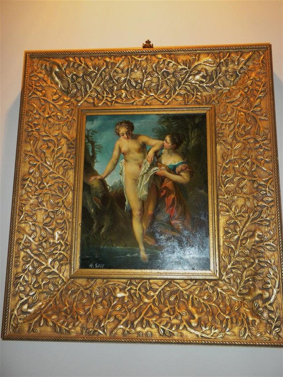 Olio '900 - Miniatura - Nudo di donna che prende il bagno - Cornice foglia oro a mecca.