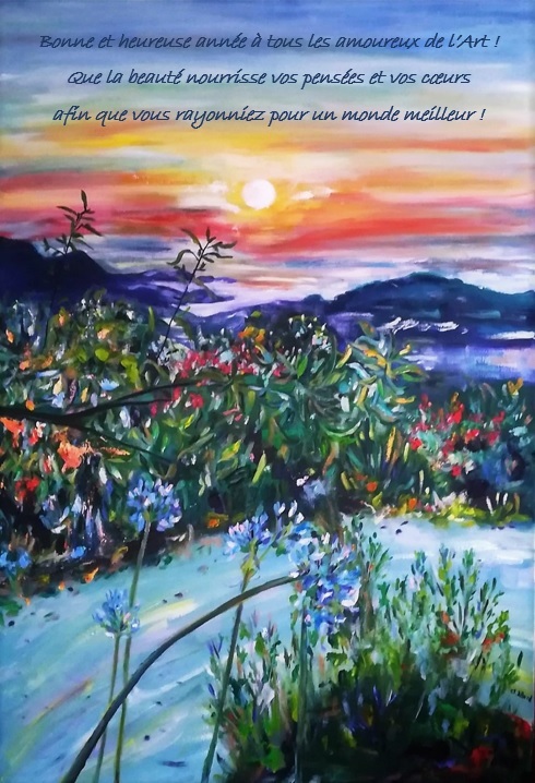 Coucher de soleil sur la baie de Sant Ambroggio (Balagne, Corse), été 2018, peinture à l'huile