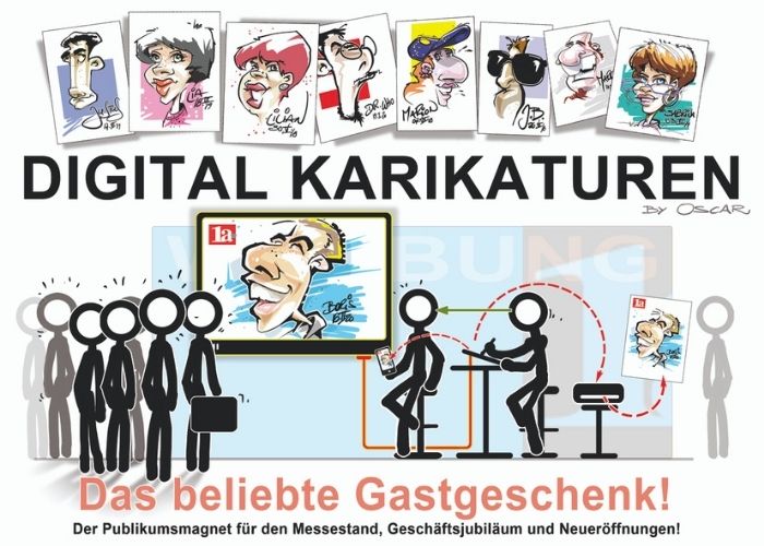 Schnellzeichner in Berlin ist das Highlight. Oscar stellt sein Talent regelmäßig auf Galas, Firmenveranstaltungen, Messen und anderen Events unter Beweis. Schnellzeichner & KariKarikaturist in Berlin kommt auch zu Hochzeiten und Geburtstagen.