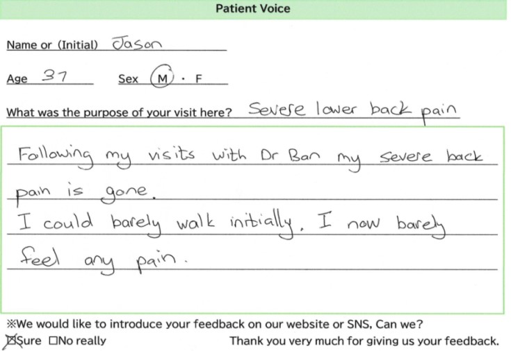 Handwritten review from an international patient in Osaka - 2