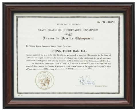 Doctor of Chiropractic (D.C.) degree and U.S. CA licensure of Dr. Ban.