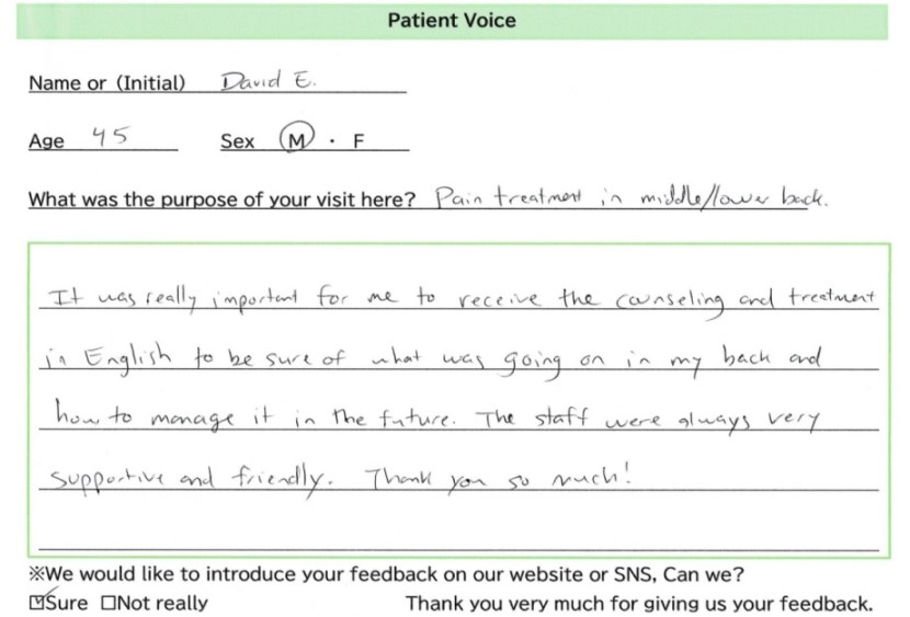 Handwritten review from an international patient in Osaka - 1