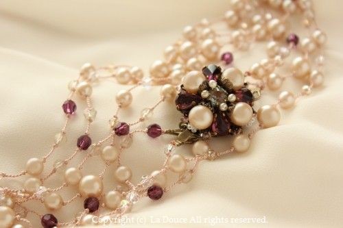 サフィレットとパールのシルク糸ネックレス パープルのロングネックレス2連